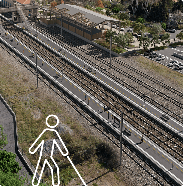 Gare d'Agde intégration 3D de la passerelle Phase 1 du projet en vue aérienne
